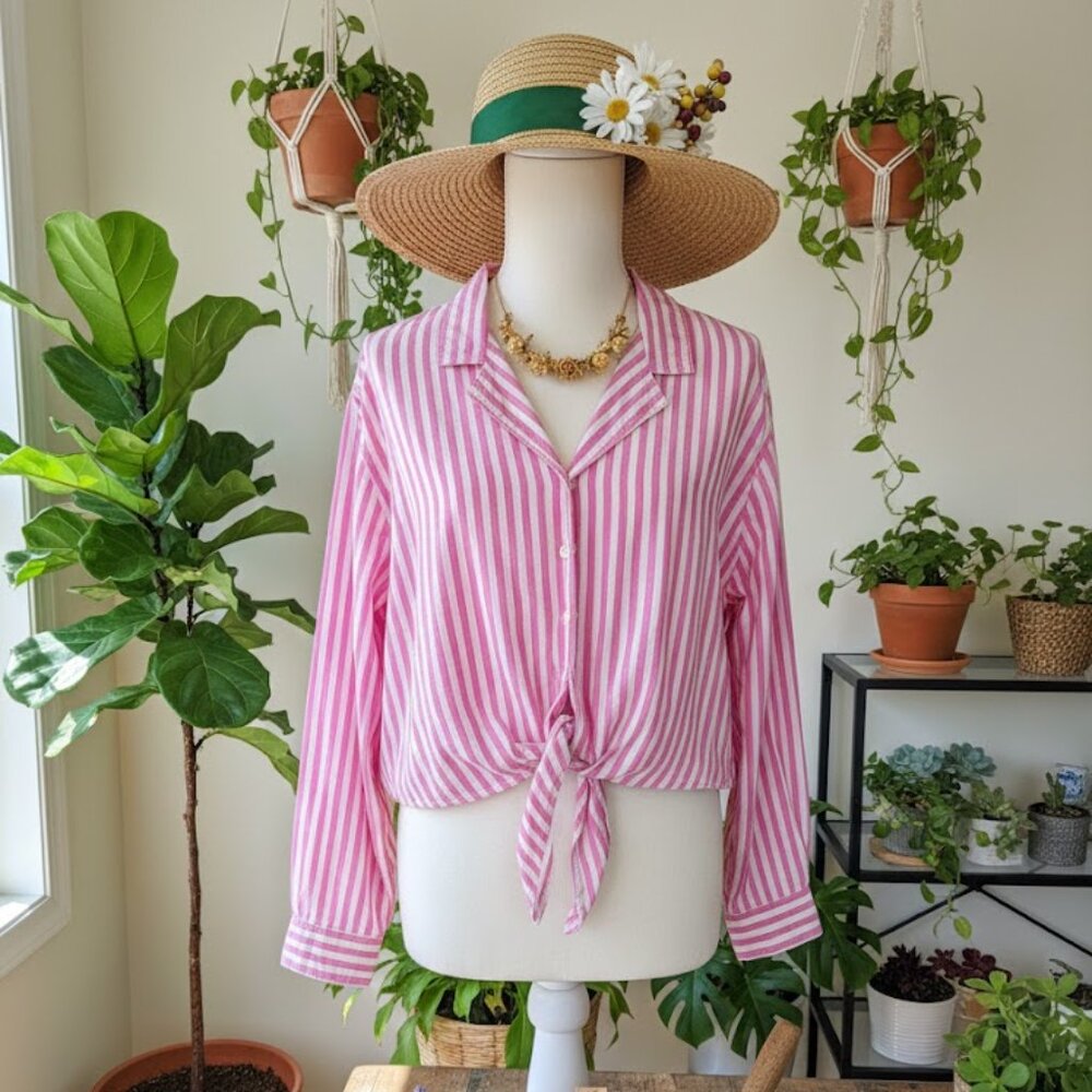 Vintage Liz Claiborne Liz Wear Pink Stripe Tie-Front Crop Top Cotton Size Large